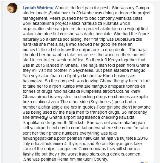 Kenyan Socialite Peninah Lema Munyithya popularly known as Pesh has finally got freedom after staying behind bars in Ghanaian Prison for close to 10 years jail time. Kenyans learned about her release after she changed her profile picture on Facebook and also shared an inspirational quote. The socialite also uploaded a video of herself dancing on TikTok. Pesh was last seen on social media on July 2015 when she revealed that she was headed to Ghana for a holiday. "Thanks to God dreams coming tru.. another holiday for her majesty. #Ghana!," She wrote on her Facebook account. At that time of her arrest, she was still a student at Mount Kenya university where she was pursuing a degree in project management. According to her campus friend Lydia Wairimu, Pesh rose to fame from an incident where her steamy photos in birthday suit were leaked online. Through the online buzz, Pesh met a Nigerian man who promised her a good life. Lydiah further revealed that the Ghanaian man was using Pesh to traffic drugs from Ghana to Seychelles and on the fateful day, she was arrested at the airport. According to her revelation, the drug dealer who was using Pesh to traffic drugs had multiple identities making it hard for Ghanaian authorities to trace him. Pesh was subjected to the Ghanaian justice system and was found guilty of drug trafficking and subsequently sentenced to 10 years in prison. She was expected to be released from a Ghanaian prison sometime in 2025 but she was released early