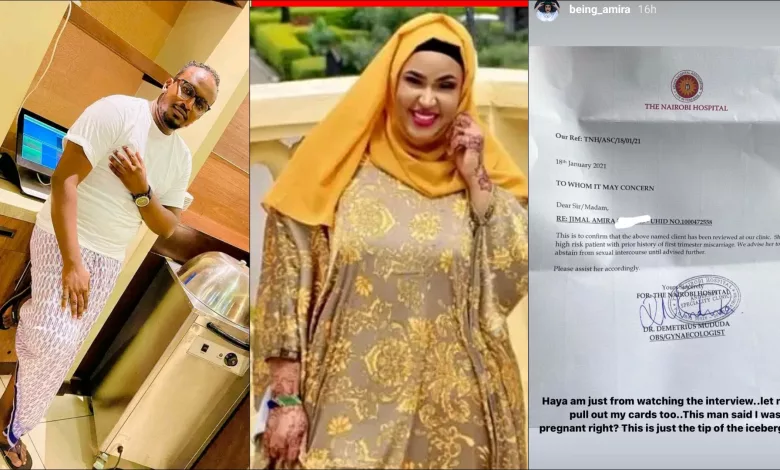 Jamal Riho Safi ex-wife Amira has unleashed a breathtaking proof that she was indeed pregnant when Jamal attacked her in 2021. The businessman's wife shared on Instagram a photo of pregnancy test and a letter from Nairobi Hospital confirming she was pregnant. Few days ago, Amira exposed Jamal as a very toxic person. In a post she made on social media, Amira said that her baby daddy once attacked her in front of her parents. She further disclosed that the attack made her lose her pregnancy, adding that Jamal is the worst person she has ever met in her life. Jamal has however denied that she made her ex-wife miscarry. While speaking in an interview with YouTuber Eve Mungai, Jamal said Amira was lying. "She is a liar," he said. According to him, Amira was never pregnant and the doctor advised her against it since she suffers p back pain. "Amira is a liar, if she was ever pregnant, she would have shared the news with the entire world. We all agreed to have two children since she suffers from back pains." Jamal also accused Amira of clout pchasing with his name in order to gain relevance. He added that Amira is probably bitter because he is no longer sending her money for upkeep. The businessman now want Amira to look for another man and move on.