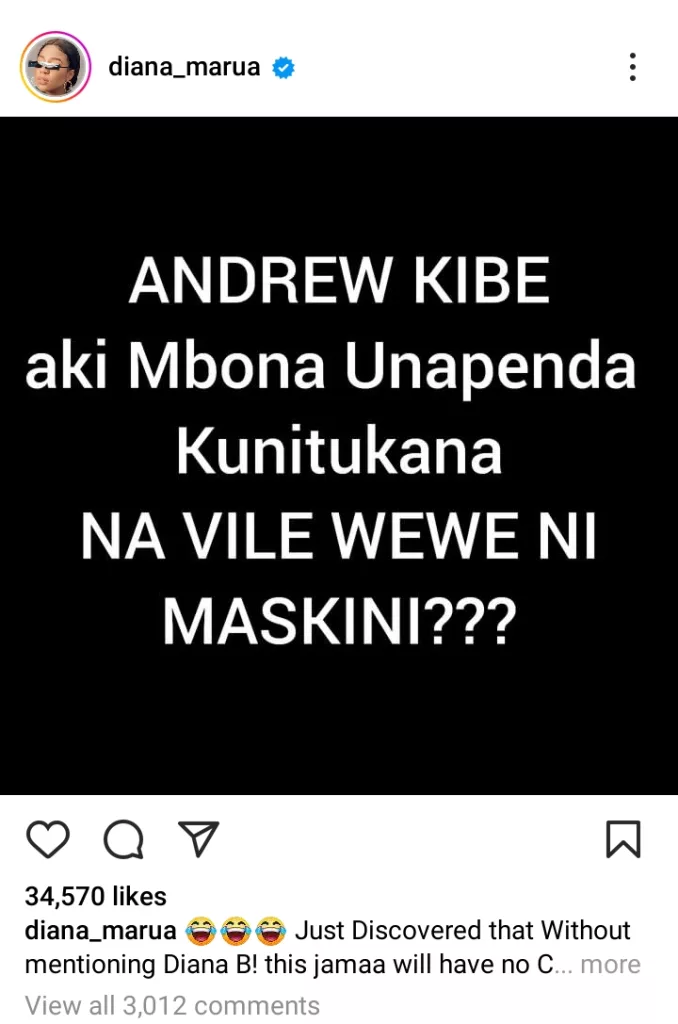 Kenyan self-made moral police Andrew Kibe has launched yet another scathing attack on Bahati's wife Diana Marua.The two have been have altercations on social media. In a recent online brawl, Kibee threw shades at Diana B over her remarks. The YouTuber was was responding to Marua's earlier attack. Marua had dismissed Kibe of being poor, adding that without her he cannot have a career. "😂😂😂 Just discovered that Without mentioning Diana B! This jamaa will have no career 😂😂😂😂.Issorait," Diana Marua wrote. The post was accompanied by a status that read, 'ANDREW KIBE aki mbona unapenda kunitukana. NA VILE WEWE NI MASKINI??' Andrew Kibe fired back back calling Diana Marua shosh (Grandma). "Naskia shosh ananitafuta," he captioned his video. In his response, Kibe told off Marua for claiming that he is poor. The content creator added that he is content with what he has. "Marua ananiuliza nini. I have zero stress, few bills to settle, just sleeping, eating and few drinks," he said. Andrew Kibe richer to than Diana Marua In his response, Kibe also dismissed that he is poor. The media personality did so through describing his multi-millions Mercedes S550. According to him, the features of his car cannot be equated to that of Diana Marua's . "Umeskia Mercedes S550? Ukizima, speaker zake huinga ndani. Ukiturn gari, pia lights uturn...Eh.Yaani hata ukikanyanga breaks, gari inakupia hug ..unaniambia nini?"