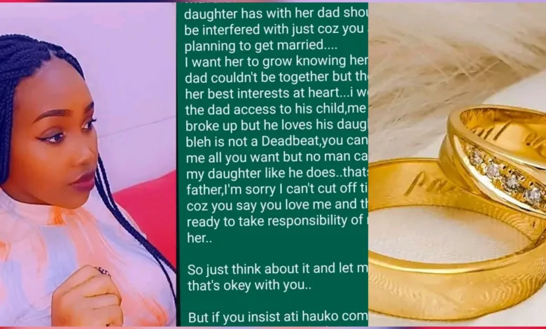 A kenyan lady has elicited divided reactions among Kenyans on social media, after she narrated how she cancelled wedding after husband-to-be asked her to cut ties with her baby daddy. The lady identified as Yvonne Kontoz said she was all prepared to tie knot with her fiancee. He however kept on insisting that she cut tie with the father of her daughter. "Few days ago i called off my Engagement...wuuueh,nyota yangu ni kama pastor Ezekiel ameenda nayo jelaðŸ¤£...," she said. She further noted that to there is nothing that would make her separate her daughter from her biological father. "My FiancÃ© was good,he loves me,has no problem with Taking care of me and my daughter Fully but there are things I can never compromise no matter how good you are to me...And one of them Is the relationship My daughter has with Her Father.. rules too apply, if you are still seeing your exe for whatever reason, we will break up, period." Yvonne Kontoz went ahead and shared a screenshot of her warning his fiancee. "I want her to grow knowing that her mum and Dad couldn't be together but they all have her best interest at heart...I won't deny Dad access to his child, me and him broke up but he loves his daughter. "So just think about it and let me know whether it's okay with you. But if you insist ati hauko comfortable nikiongea na B.daddy, mapema ndio best. We can call of the plans," read the screenshot. Mixed Reactions Among Kenyans While responding to the post, Kenyans have expressed their divided opinions.Here are some of the reactions. Marrying a single mother is just joining another man's family. End of quote. Niko sure huyo baby daddy angekua broke ungekua unamuita deadbeatðŸ¤£ðŸ¤£ðŸš® Then expect to remain single for a loooong time...or urudi kwa baby daddy If you're a man who is still childless, NEVER EVER MARRY A WOMAN WITH A KID. NEVER. A responsible baby daddy also should get a chance for the rosecoco and vice versa. Wewe rudiana na babydaddy tu mnakulana daily yet you are blackmailing the new man