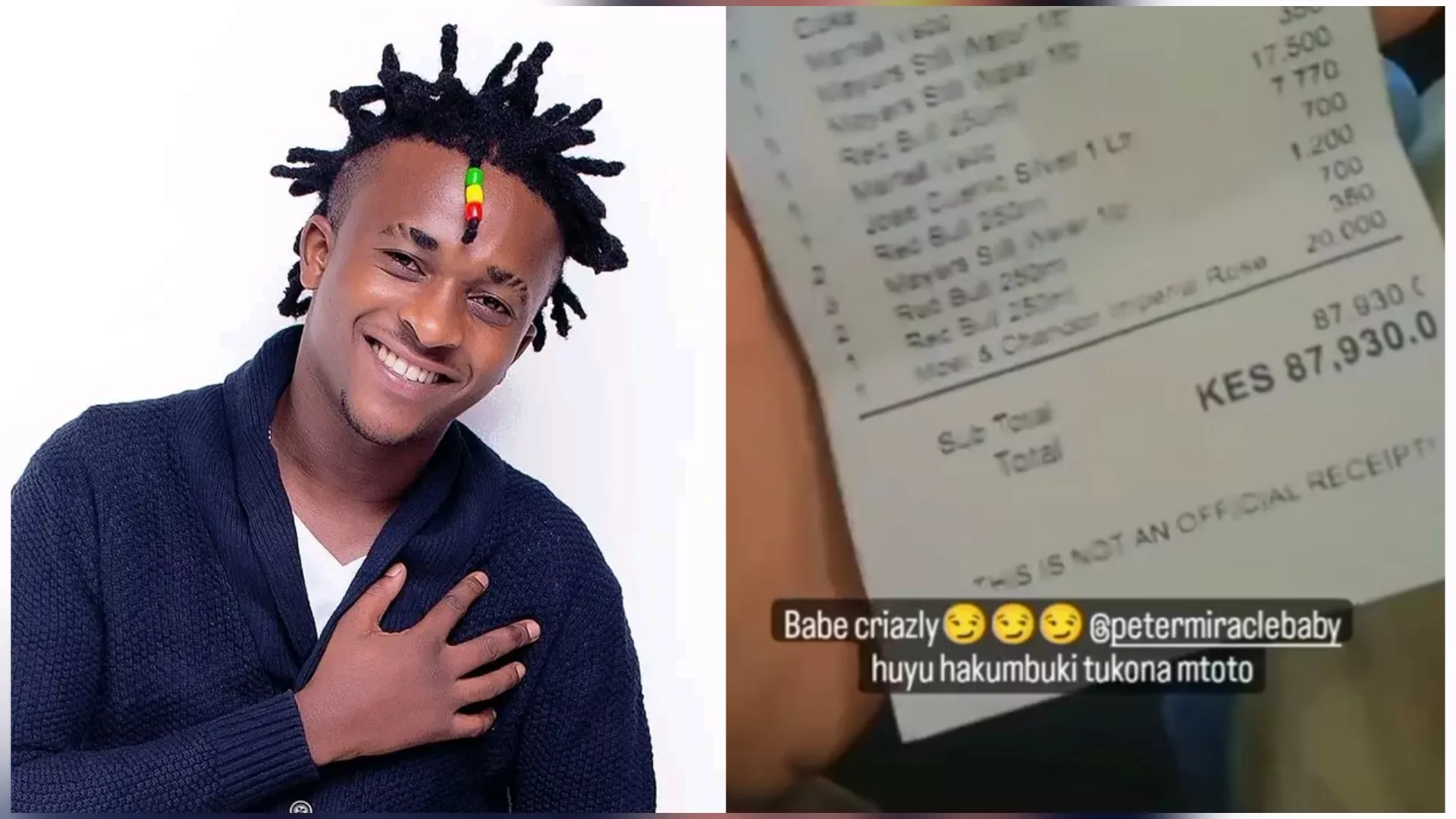 Kenyan Mugithi and gengetone artist Peter Miracle Baby is a lover of good things in life and he is not afraid to show it on social media. He recently left fans in shock after flaunted a bill of Ksh. 87,930. The singer spent the huge cash after a night out with friends. In a video shared by his girlfriend Carol Katrue, Miracle Baby says he had to spend since his friends were around. "Baby yaani hizi ndio pesa ulitumia jana?" Carol Katrue wondered wondered why her hubby would spend huge amount of cash yet they a baby to take care of. Peter however defended the expenditure by saying that; " Eeeh kwani. Si nilaaikuwa na mabeshte zangu?" Fans on social media have expressed their disappointment in his actions seeing that last year, Katrue took to her socials asking Peter's fans to help raise Ksh 300K for him to undergo surgery to unblock his intestines. "Hae guys it's a higher time to address Peter's health. The main reason is Peter's stomach has been having issues since 2018 when he had an obstruction in the intestines. He then underwent the first surgery and was successful. Recently in 2020, the stomach started aching once in a while till yesterday when it started aching frequently and we took him to Neema where he was unconscious So the only way for him to heal is to have a second surgery which is costing Ksh. 300,000." Shortly after the appeal, Katrue told Mungai Eve that they no longer needed the money since Kenyans didn't contribute as they had expected. "The cash fans sent was only 1K. We used 70K and out of that 10 K was sent by Dennis Itumbi. The other 60K ni sisi tuliprovide."
