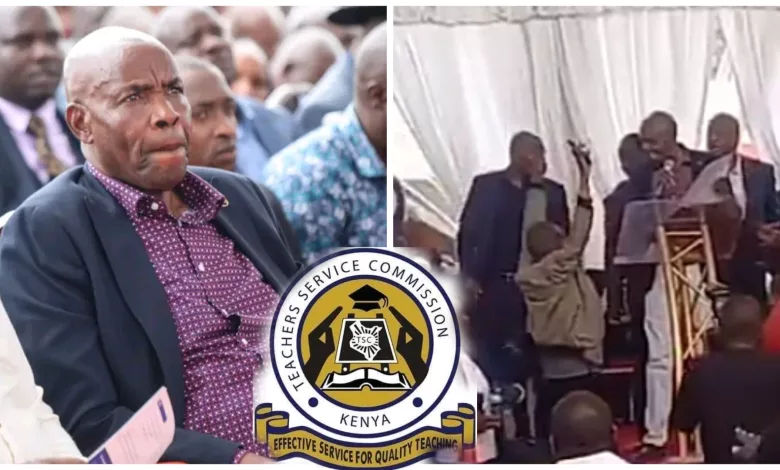 Education CS Ezekiel Machogu gives TSC Employment letters during a burial